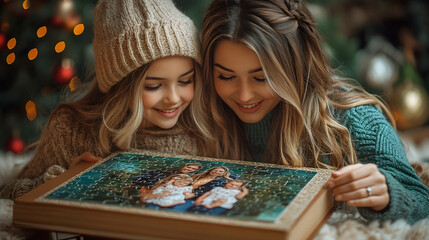 Fototapeta premium Sisters opening custom family photo puzzle by Christmas tree