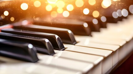 Closeup Piano Keys Golden Lights Abstract Music Background