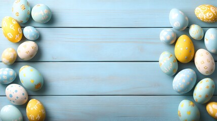 Obraz premium Pastel Easter Eggs on Blue Wooden Background