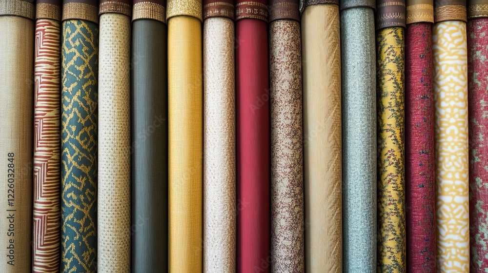 Aufkleber collection of diverse textiles displayed in rolled form showcasing a variety of patterns and colors 