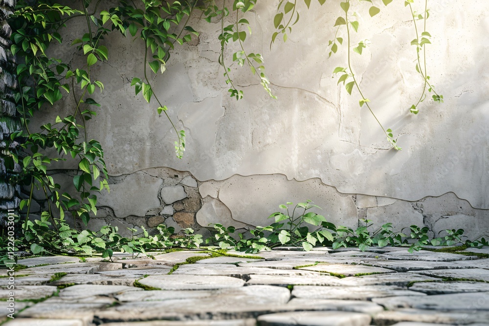 Aufkleber ancient stone wall bathed in sunlight with vines and a cobblestone pathway
