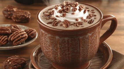 Indulge in Creamy Hot Chocolate with Whipped Cream and Chocolate Shavings in a Rustic Mug Paired with Delicious Pecan Cookies on a Wooden Table Setting