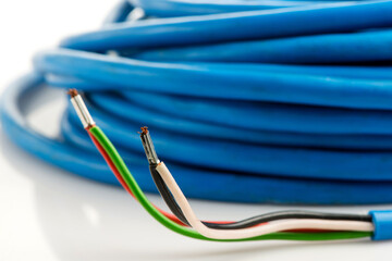 Various copper electrical wires isolated on white background. electrical wire on wire coils background