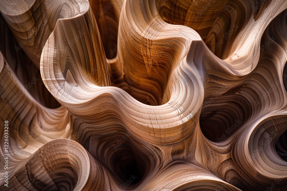 Poster enhancing an abstract sculpture with natural wood grain for captivating light and shadow effects