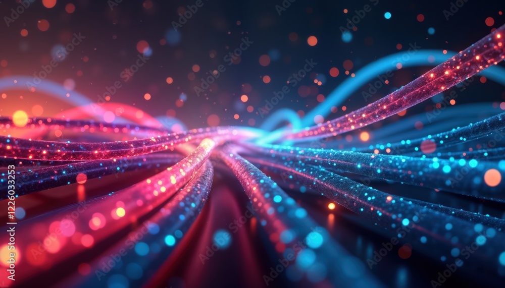 Aufkleber abstract futuristic design with glowing colorful fiber optic cables. dynamic lines, dots create vibr
