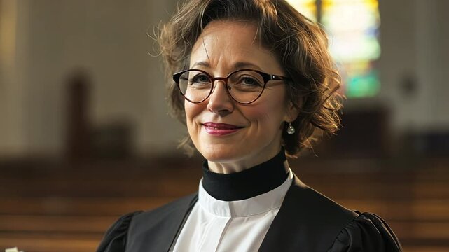 Middle aged brunette Caucasian Lesbian pastor wearing big black glasses turning to look at the camera at an Evangelical Lutheran or Episcopal church with stained glass windows in the background.