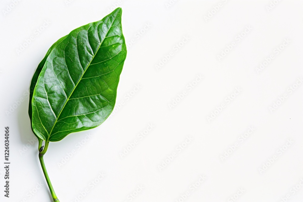 Poster solitary green leaf resting on a clean white surface symbolizing nature and simplicity