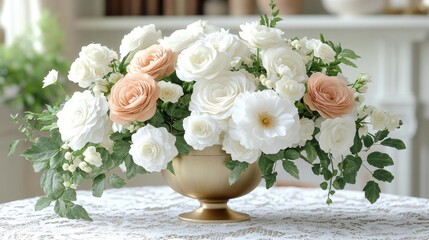 Elegant White and Peach Rose Floral Arrangement in Gold Bowl