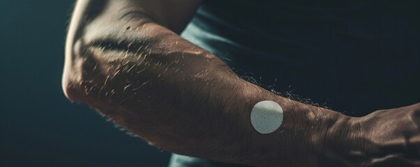 Athlete's arm with diabetes management continuous glucose monitor in close-up view