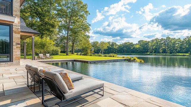Luxury lakeside home with outdoor patio and scenic waterfront view 