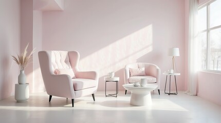 Minimalist pastel pink living room with modern furniture.