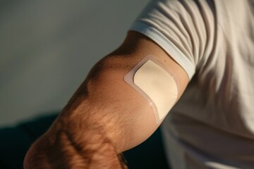 Closeup of a male's arm with a nicotine patch, promoting a smoke-free lifestyle