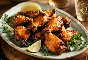 Create a visually appealing image of a plate with sweet and stick chicken wings for our recipe website, showcasing its golden texture and perfect balance, inspiring cooks and bakers.