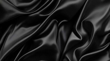 Fototapeta premium Luxurious and Smooth Black Satin Fabric Texture Waving Elegantly in Soft Light, Perfect for Backgrounds, Fashion, and Elegant Design Projects
