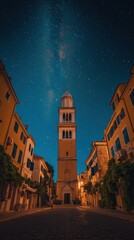 Naklejka premium Stunning Nighttime View of Historic Church Tower Amid Starlit Sky in Charming Old Town Street - Capturing Architecture and Night Photography Marvel