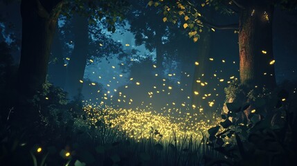 Mystical forest scene with glowing fireflies illuminating the dark woods at night