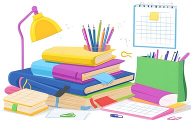 Colorful Stack of Books, Desk Lamp, and School Supplies Illustration