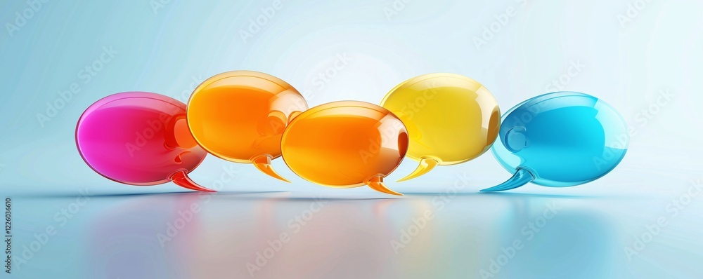 Poster vibrant glossy speech bubbles float above a backdrop of blue