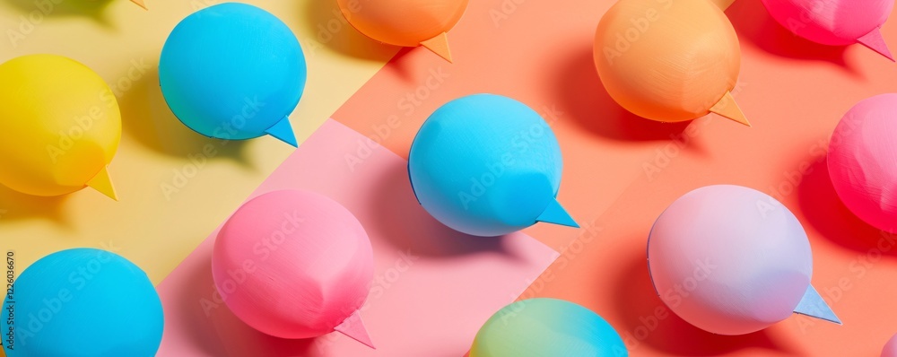 Poster pattern of vibrant speech bubbles on a colorful background, representing communication, dialogue, an