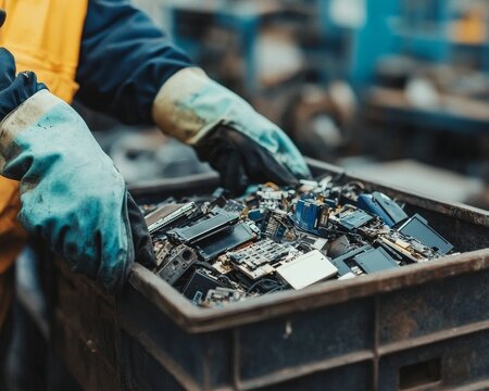Person handling box of electronics ready for recycling.