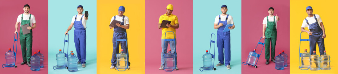 Set of delivery men with bottles of water on color background