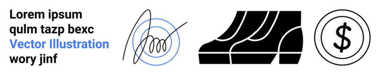 Handwritten signature, shoe steps, and dollar coin outline convey concepts of legal agreements and financial processes. Ideal for finance, business, workflow, contracts, investment, banking flat