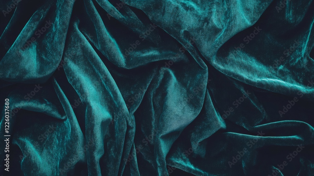Poster deep textured velvet fabric in rich teal color creating an elegant and luxurious background for fash