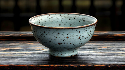 Speckled tea bowl on dark wood table, tea ceremony, Asian setting
