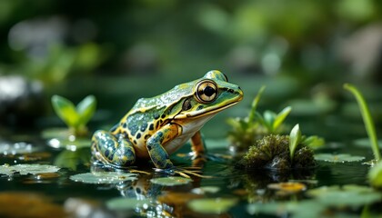 Fototapeta premium Vibrant Green Frog in a Tranquil Pond