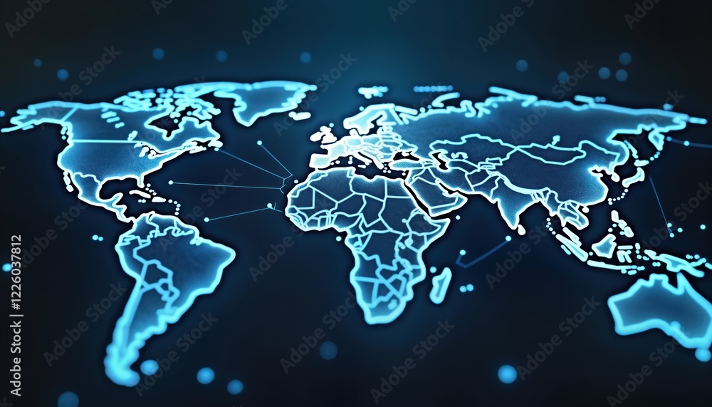 Poster Global digital map with glowing lines connecting continents. Illustrates seamless global tech connections. Secure network facilitates smooth online transactions. Global e-commerce environment shown.
