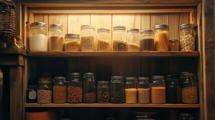 A perfectly organized pantry shelf with glass jars of pasta, grains, and spices, labeled in cursive, rustic wooden shelves, warm ambient lighting