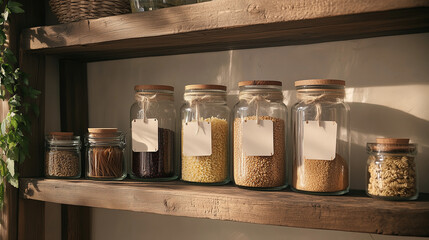 A perfectly organized pantry shelf with glass jars of pasta, grains, and spices, labeled in cursive, rustic wooden shelves, warm ambient lighting