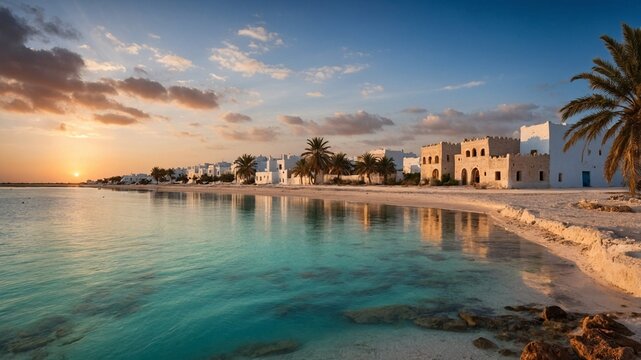 Tranquil view of Djerba at sunset with calm waters reflecting the sky and palm trees along the shoreline