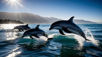 Fototapeta premium Dolphins gracefully leap through vibrant ocean waters under a stunning sky with mountains in the background during a bright afternoon