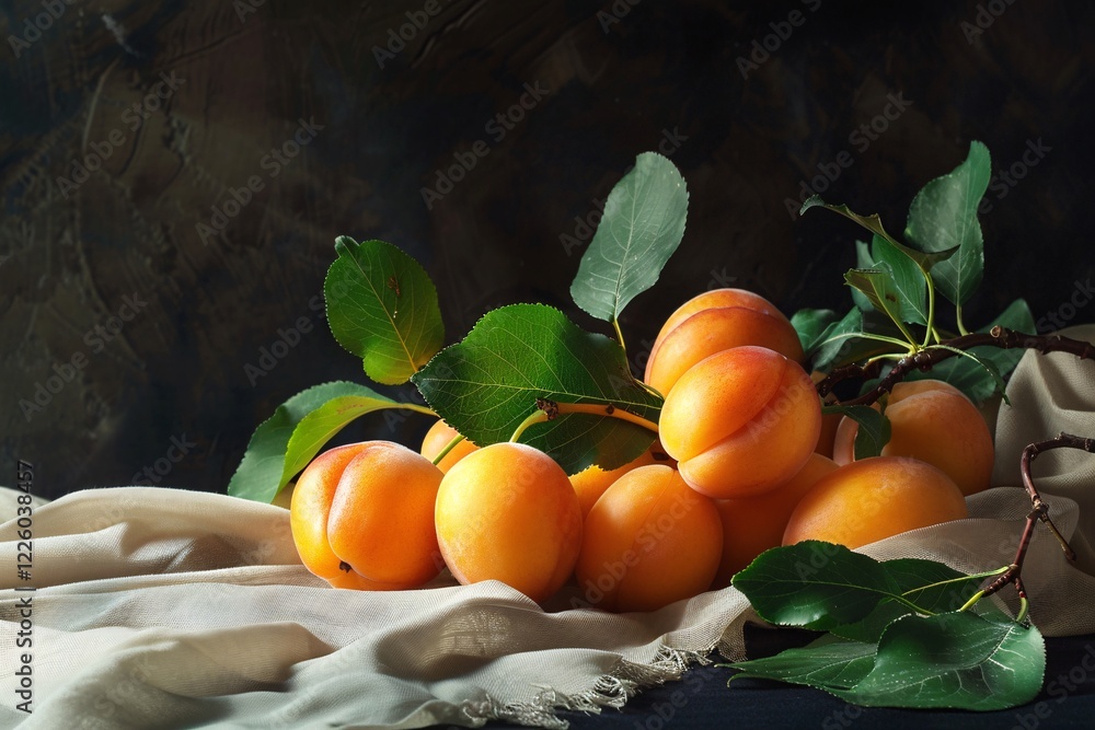 Poster Branch with freshly picked apricots resting on a linen napkin