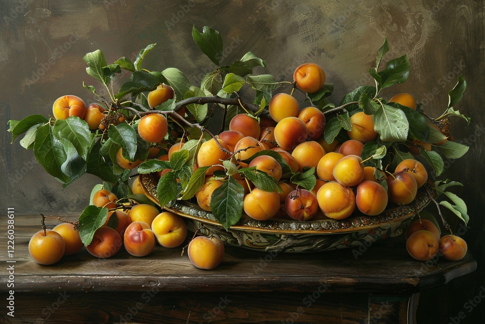 Poster Apricot branch lying on a plate on a rustic table with a dark background