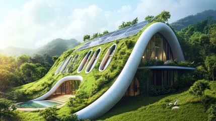 Fototapeta premium Modern green home with solar panels and unique architecture blending into natural landscape