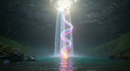 Mystical waterfall with a vibrant rainbow spiral of light.  Scenic, powerful, and spiritual nature energy.