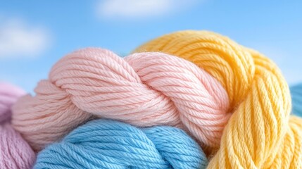 Pastel yarn skeins against a blue sky; crafting hobby