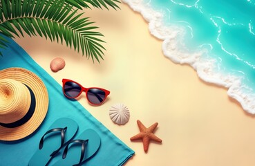 Flat lay beach scene summer vacation essentials. Towel sunglasses, flip flops. Empty space suggests message invitation. Peaceful serene beach scene. Ocean waves gently touch beige sand. Tropical