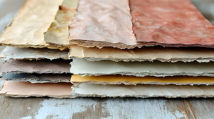 Stacked colored textured papers on wood; craft background
