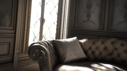 Elegant Ornate Sofa Near Sunlit Window