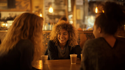 Woman with curly hair enjoying dinner with friends.