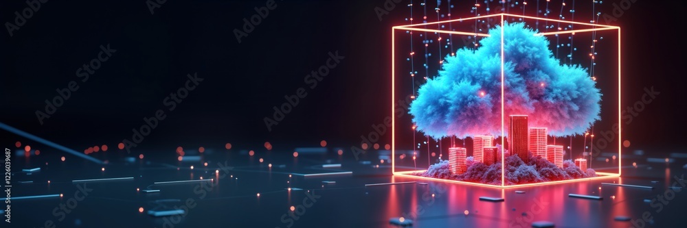 Aufkleber Futuristic tech illustration shows cloud computing database system. Glowing neon structures depict data transfer. Glowing neon cloud contains miniature city, data storage. Abstract concept of