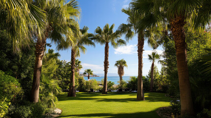 Palm trees sway gently, providing shade and a sense of relaxation.