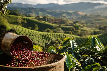 Arabica coffee beans being poured from a metal bucket into a container at a plantation