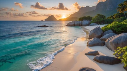 Stunning tropical landscape at sunset showcasing crystal clear waters and rugged coastal mountains in a serene beach setting