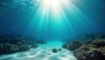 Fototapeta premium Serene underwater scene sunlight beams penetrating crystal-clear turquoise water. Sandy seabed, dark gray rocks form natural underwater landscape. Calmness, beauty evident in captivating image of