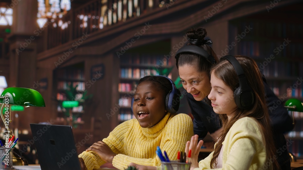 Poster young students and tutor attending an online class via video call in the library, focused on distanc