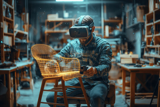 Innovative Workshop Skilled Artisan in AR Headset Constructs Virtual Chair with AI-Enhanced Interface Showcasing Holographic Furniture Design.